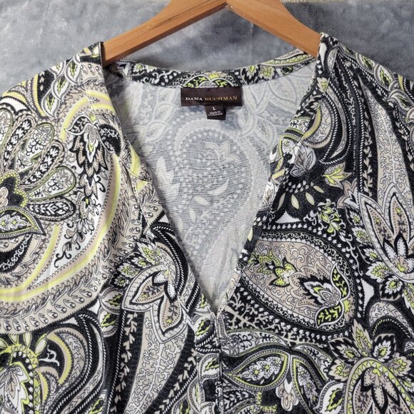Dana Buchman Womens Top Large Black White Paisley Print Short Sleeve Top - Picture 4 of 9